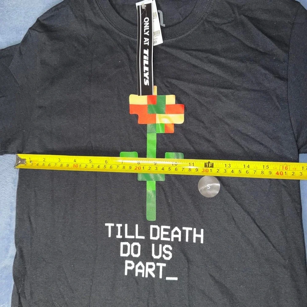 Tillys black graphic tee with pixelated rose and 'TILL DEATH DO US PART'